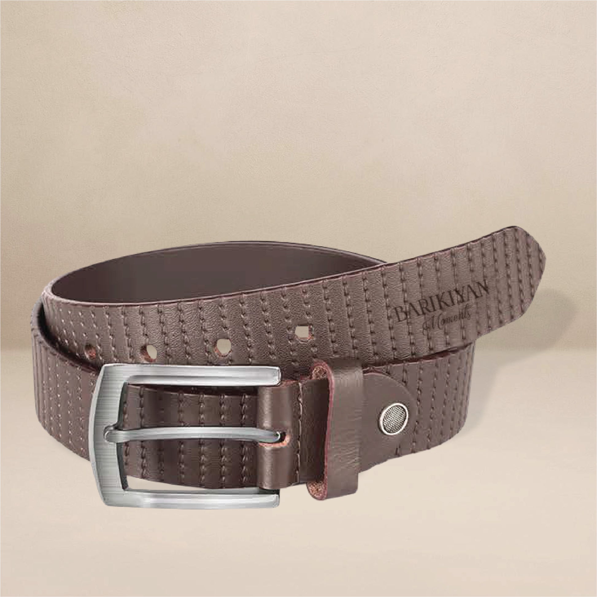 BARIKIYAN MOMENTS Textured Brown Leather Casual Belt with Brushed Metal Buckle