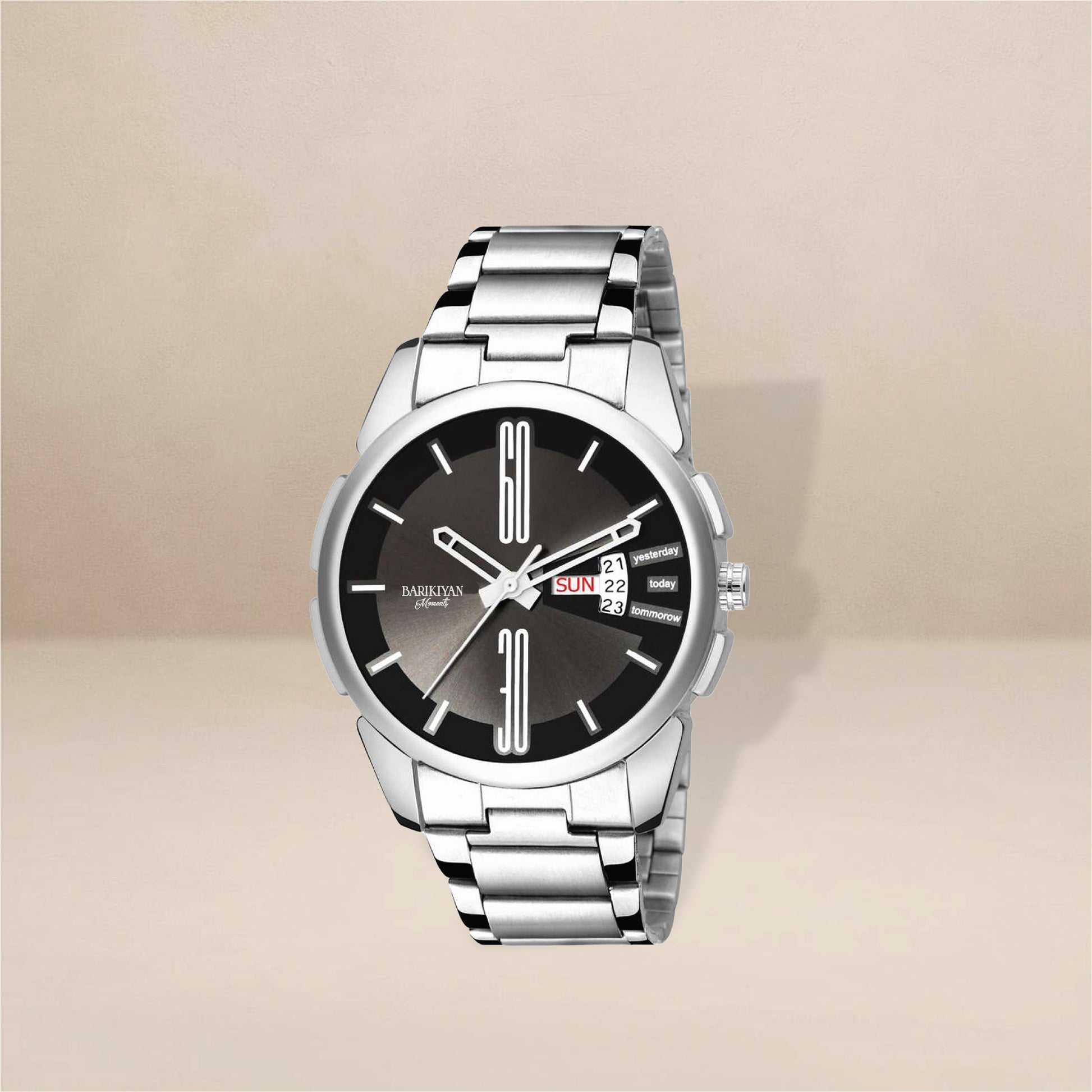 Barikiyan Moments Men’s Classic Black Dial Watch with Silver Metal Strap