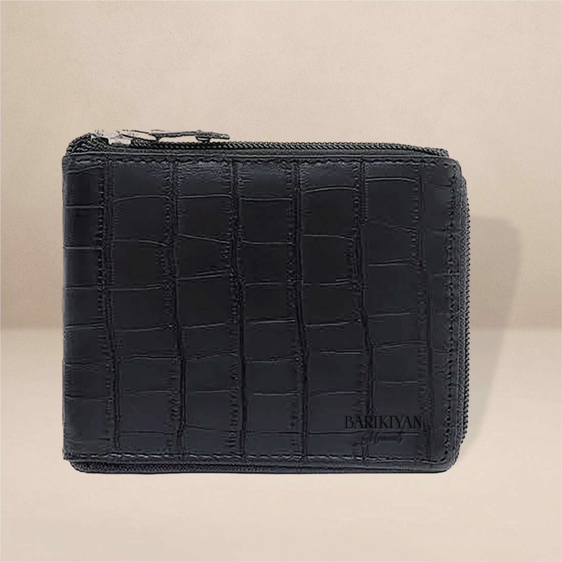 Barikiyan Moments Crocodile-Texture Black Leather Zipper Wallet for Men's