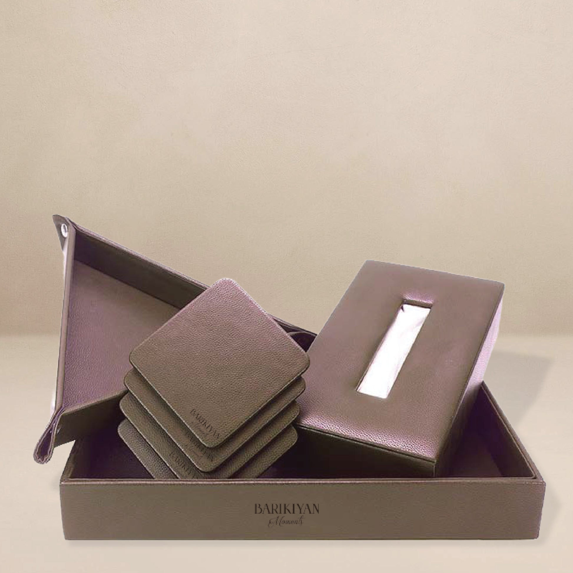 BARIKIYAN Luxury Leather Home Décor Set – Tissue Box, Coasters & Tray